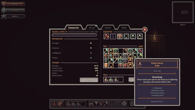 The character panel and an item card